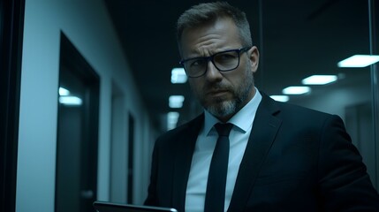 Businessman in suit using tablet in modern office hallway at night.  Serious expression.