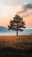 Fototapeta premium Lone pine tree silhouetted against a sunset sky in a tranquil landscape.