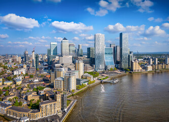 Panoramic aerial view of district Canary Wharf and the Docklands in London, England, during a sunny day
