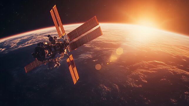 A space station orbiting Earth, illuminated by a vibrant sunrise in the background.