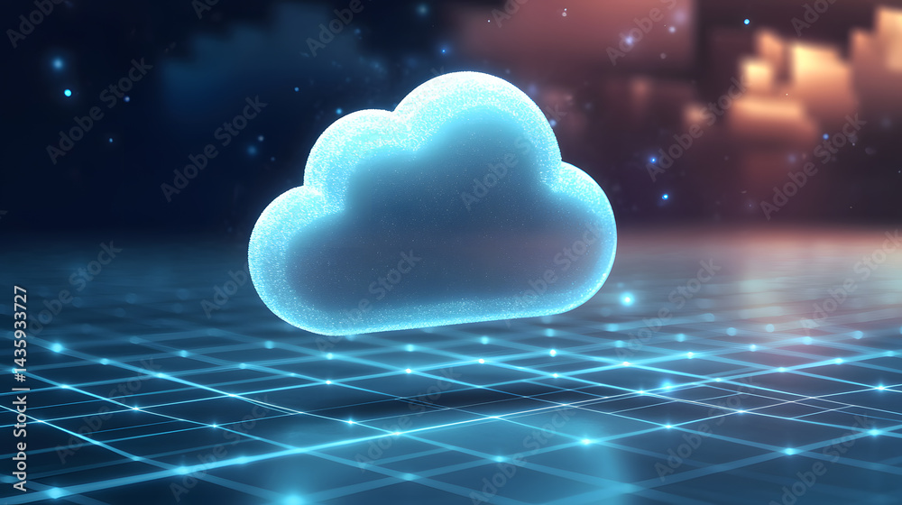 Poster cloud icon floating in a digital environment cloud computing concept futuristic technology visualiza