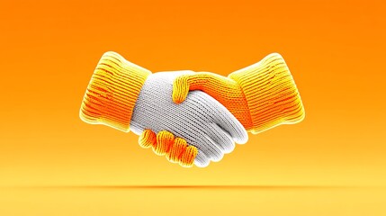 Conceptual business handshake rendered with textured gloves on orange gradient