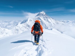 Climber on Snowy Mountain Top