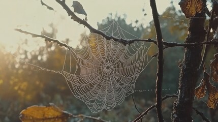 Spider web covered in morning dew suspended between branches in soft golden light
