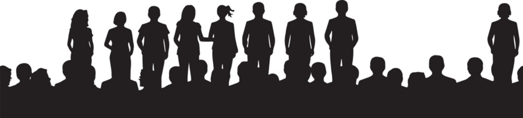 Large Crowd Silhouette in Black and White – Minimalist Monochrome Illustration of Diverse People Standing Together
