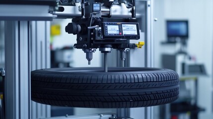 Tire balancing machine holding a mounted tire in place with digital readouts and precision components
