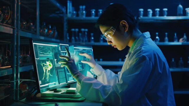 slow-motion scientist cryoprotectant solution frozen egg sample test tube. droplets of glowing blue-green liquid vial, instantly crystallizing along frosted walls. Tiny plumes of vapor rise test tube