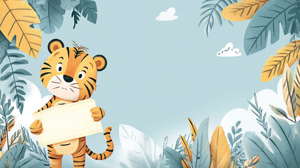 Cartoon Tiger Hugging Jungle Signboard Illustration