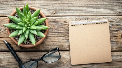 Top-down view of a tidy workspace with planner, pen, glasses, and a small succulent on a rustic wooden desk