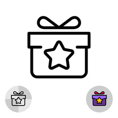 Extra bonus gift with star icon in various styles. Gift box present decorated with color ribbon and star symbol. Editable stroke.