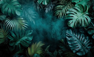Tropical leaf arrangement, dark teal background