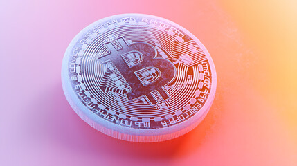 Floating bitcoin coin visualization digital realm graphic art abstract environment angled view cryptocurrency concept