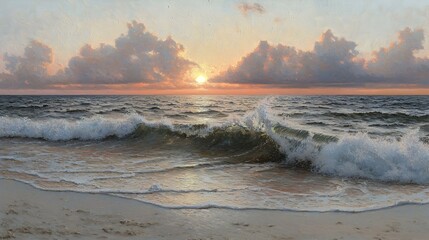 Naklejka premium Serene sunset over the ocean with gentle waves breaking on a sandy shore. A breathtaking view of nature's beauty.