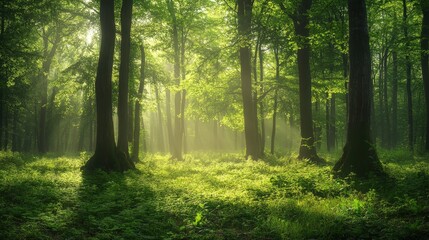 Obraz premium A lush green forest background with tall trees, soft sunlight filtering through the leaves, and a serene mist covering the ground
