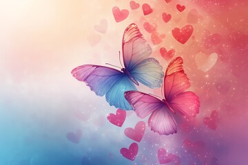 Colorful butterflies surrounded by hearts on a dreamy background.