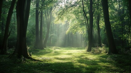 Fototapeta premium A lush green forest background with tall trees, soft sunlight filtering through the leaves, and a serene mist covering the ground