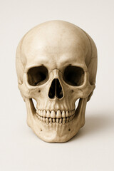Obraz premium A realistic human skull placed on a pure white background, with detailed shading on the eye sockets and jawline for a dramatic, clinical effect