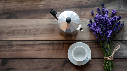 Aromatic Coffee with Lavender: A high-angle perspective showcases a gleaming coffee maker next to a cup and a sprig of lavender, evoking a sense of calm and inviting the viewer to savor the moment. 