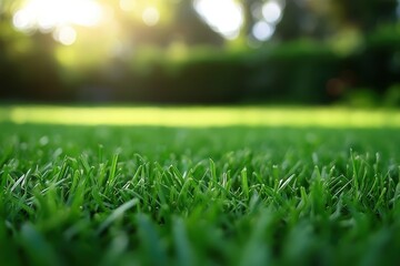 Naklejka premium Green grass lawn is freshly cut and glowing in bright sunlight. Ideal as a background for summer, nature, or outdoor concepts.