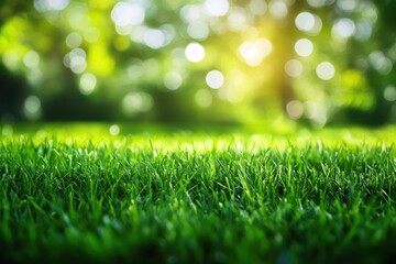 Naklejka premium Lush green grass with a blurry background of trees and bright sunlight. Perfect for nature, environment, or outdoor themed designs and backgrounds.