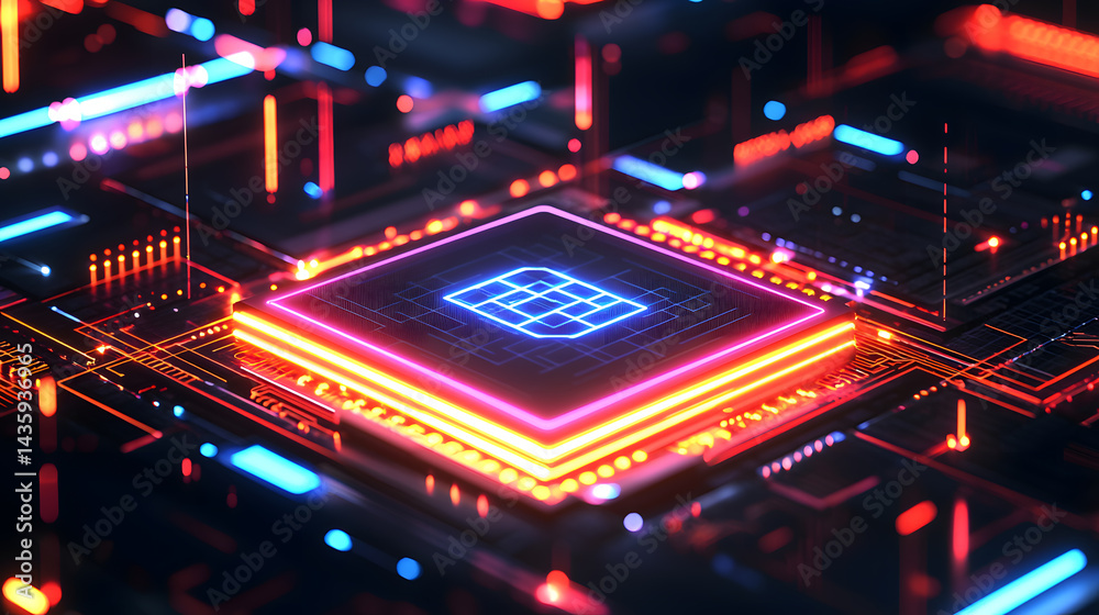 Poster neural ai chip visualization technology lab digital artwork futuristic environment close-up view adv
