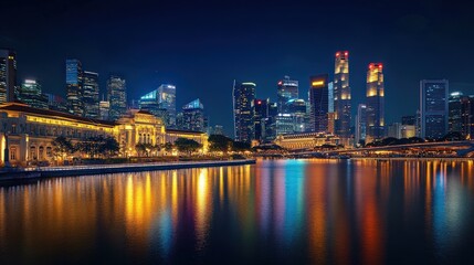 A luxurious city skyline at night, with golden lights from elegant buildings reflecting on a calm river