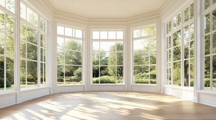 Empty living room with large windows, sunlight pouring in, representing a brand new home