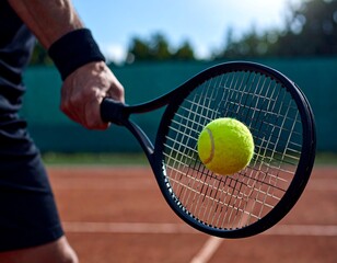 Close-up of a tennis racket holding a yellow tennis ball, with a hand wearing a white wristband gripping the racket on a clay tennis court.