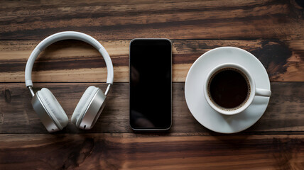 Relaxing Morning: Headphones, a mobile phone, and a cup of coffee create a serene atmosphere. Capture the beauty of a calm start.