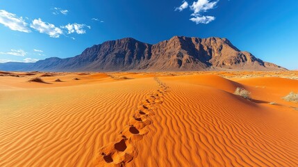 Footprints meander across rippled dunes to rugged mountains