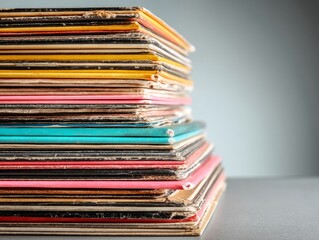 stack of vintage vinyl records, isolated on soft gray background, retro texture detail, flat lay composition