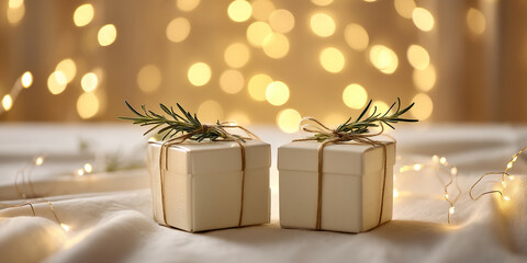 Two small, off-white gift boxes adorned with rosemary sprigs and twine, sit on a textured fabric against a bokeh background of warm lights, symbolizing festive gifting or holiday cheer
