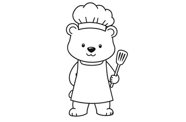 Children’s cute animal card. Coloring book. Coloring. Cute little bear stands in a chef costume and holds a spoon. White background