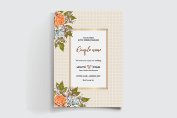 WEDDING INVITATION FRAME WITH FLOWER DECORATIONS AND FRESH LEAVES
