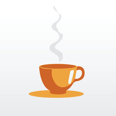 stylized illustration of a steaming cup of coffee or tea on a saucer against a light gray background. The cup and saucer are depicted in shades of orange and brown, and wisps of white steam rise 