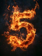 Fiery Number Five Burning with Intensity: Explosive Flames and Hot Digital Art Background