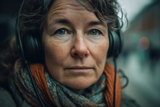 Person wearing headphones stands on a city street during a cloudy day, focused and introspective about their surroundings and possibly enjoying music or a podcast