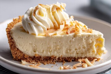 Delicious coconut cream pie served on a white plate with a golden crust and whipped cream topping