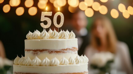 Celebrating a milestone 50th birthday with a decorated cake and joyful atmosphere adorned with soft lights