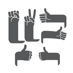 Flat hand design vector set featuring various hand gestures including a fist, peace sign, and thumbs-up.