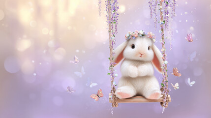 Obraz premium Cute Fluffy Bunny Sitting on Floral Swing