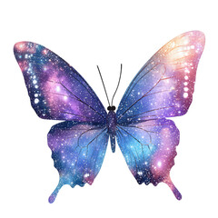 butterfly designed with a cosmic theme. showcasing vibrant colors and a starry galaxy pattern on its wings this artistic representation blends nature with elements of space. creating a visually striki