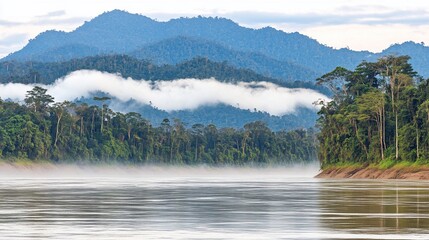 Misty river flowing through lush rainforest, mountains in the background