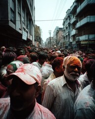 Obraz premium Massive crowd celebrating vibrant festival amidst colorful powders in urban street