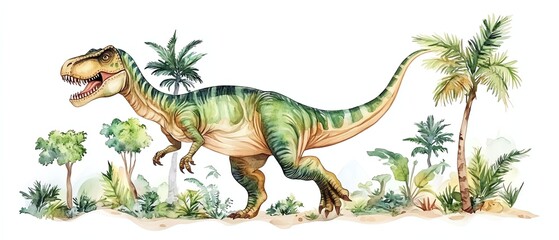 Watercolor dinosaur illustration with prehistoric landscape Hand drawn Triceratops with mountains and grass Detailed dino clipart for kids products Children Encyclopedia of ancient © SUKHUM