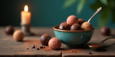 Aromatic cocoa dusted confectionery delights in a teal bowl beside a softly glowing candle
