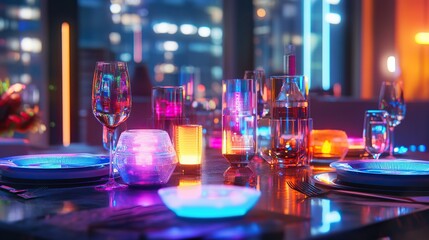 A futuristic cyberpunk family dinner, with holographic lanterns and glowing table settings.