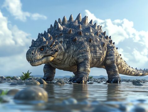 Powerful ankylosaur dinosaur in prehistoric swamp. Dramatic sunset lighting.