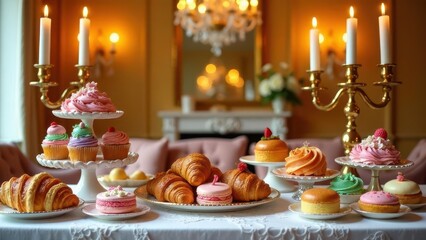 A delightful assortment of pastries and cakes arranged on elegant tiered stands, illuminated by the soft glow of candlelight