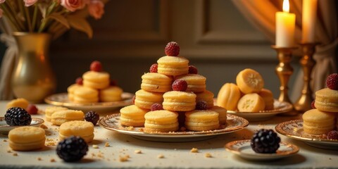 Obraz premium A delectable pyramid of delicate pastries, adorned with vibrant raspberries and nestled amongst other sweet treats on an elegant table setting, illuminated by the warm glow of candlelight.